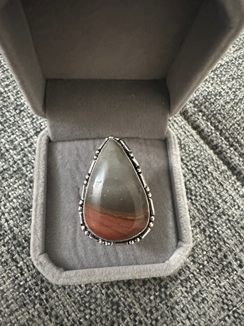 Sterling Silver Teardrop Stone Ring in Brown and Gray Size 8